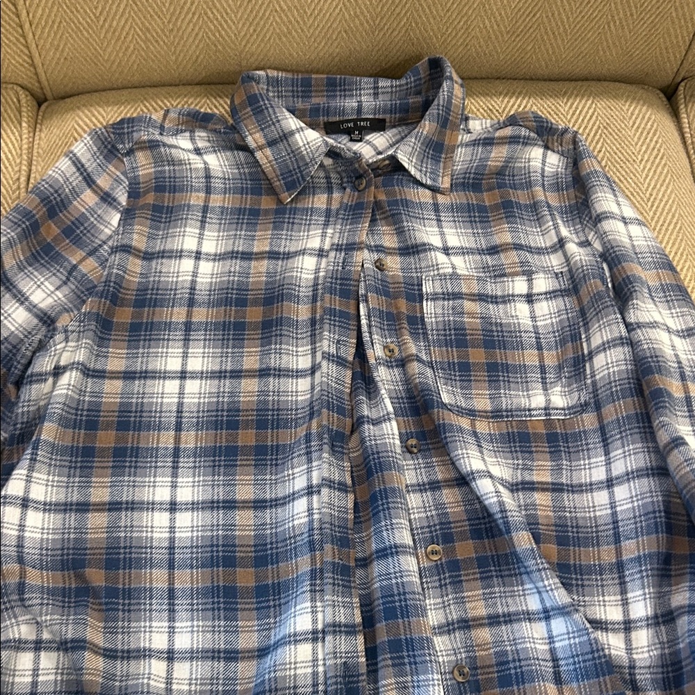 Love Tree Womens Casual Blue and Brown Checkered Shirt